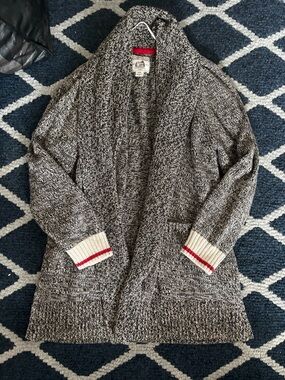 Roots Salt and Pepper Black & White Shawl-Collar Cardigan with Red-Trim Cuffs